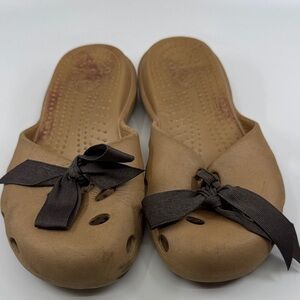 CROCS Tan Mules with Black Bow